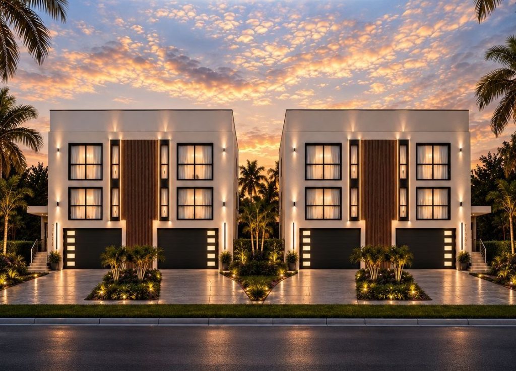 Architectural rendering of two three-story coastal duplex buildings by AMA Builders in North Redington Beach, Florida