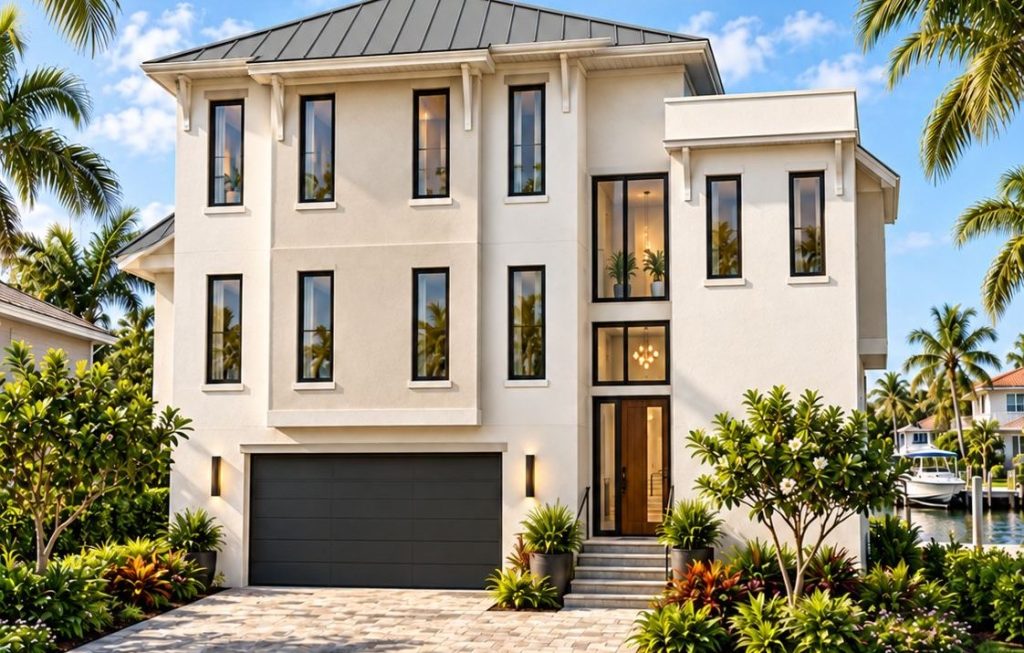 Architectural rendering of the front elevation of a three-story coastal duplex by AMA Builders in Treasure Island, Florida